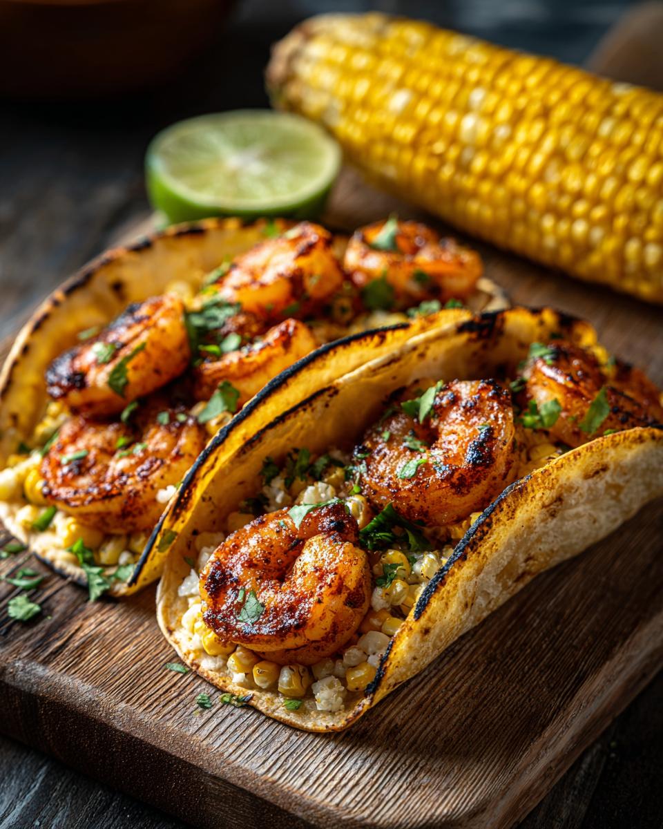 Two Chili-Lime Shrimp Elote Tacos on a wooden board with lime and corn on the cob.