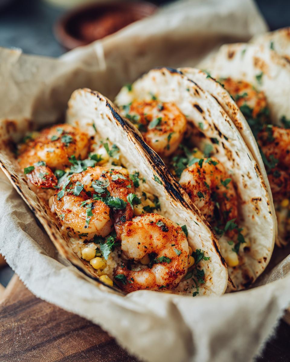 Three Chili-Lime Shrimp Elote Tacos in a basket, garnished with cilantro.