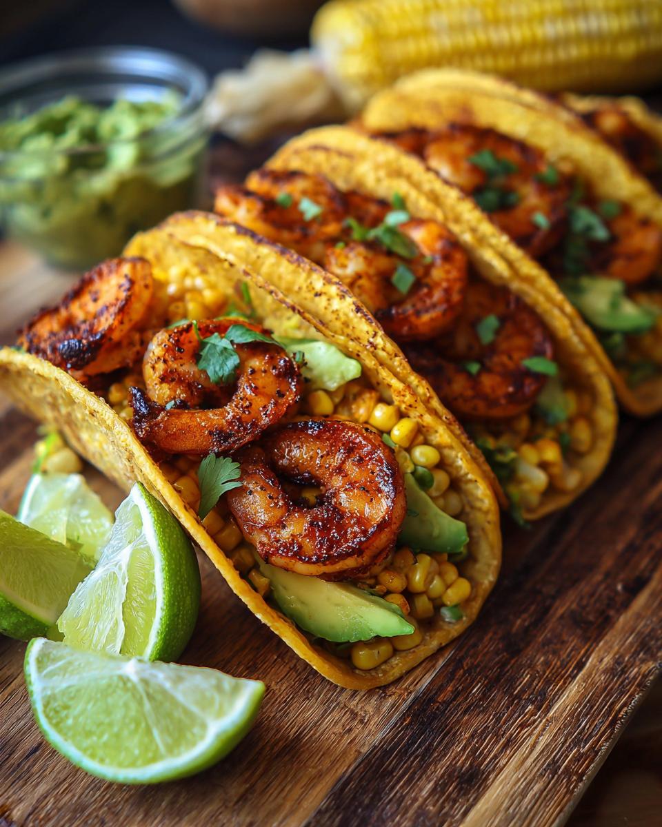 Close-up of Chili-Lime Shrimp Elote Tacos with lime wedges, corn, and avocado on a wooden serving board.