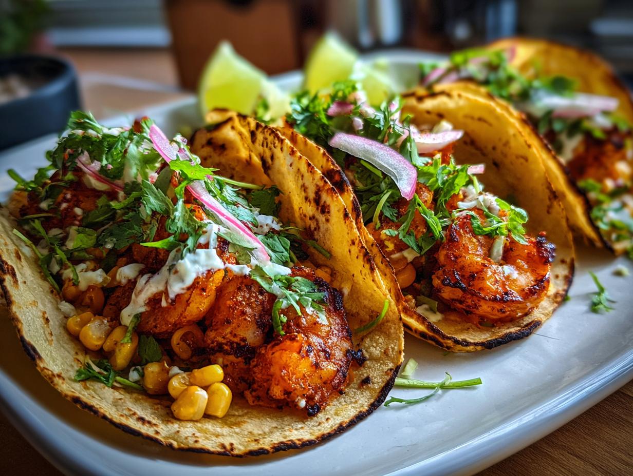 Three Chili-Lime Shrimp Elote Tacos on a white plate, garnished with cilantro, red onion, and lime wedges.