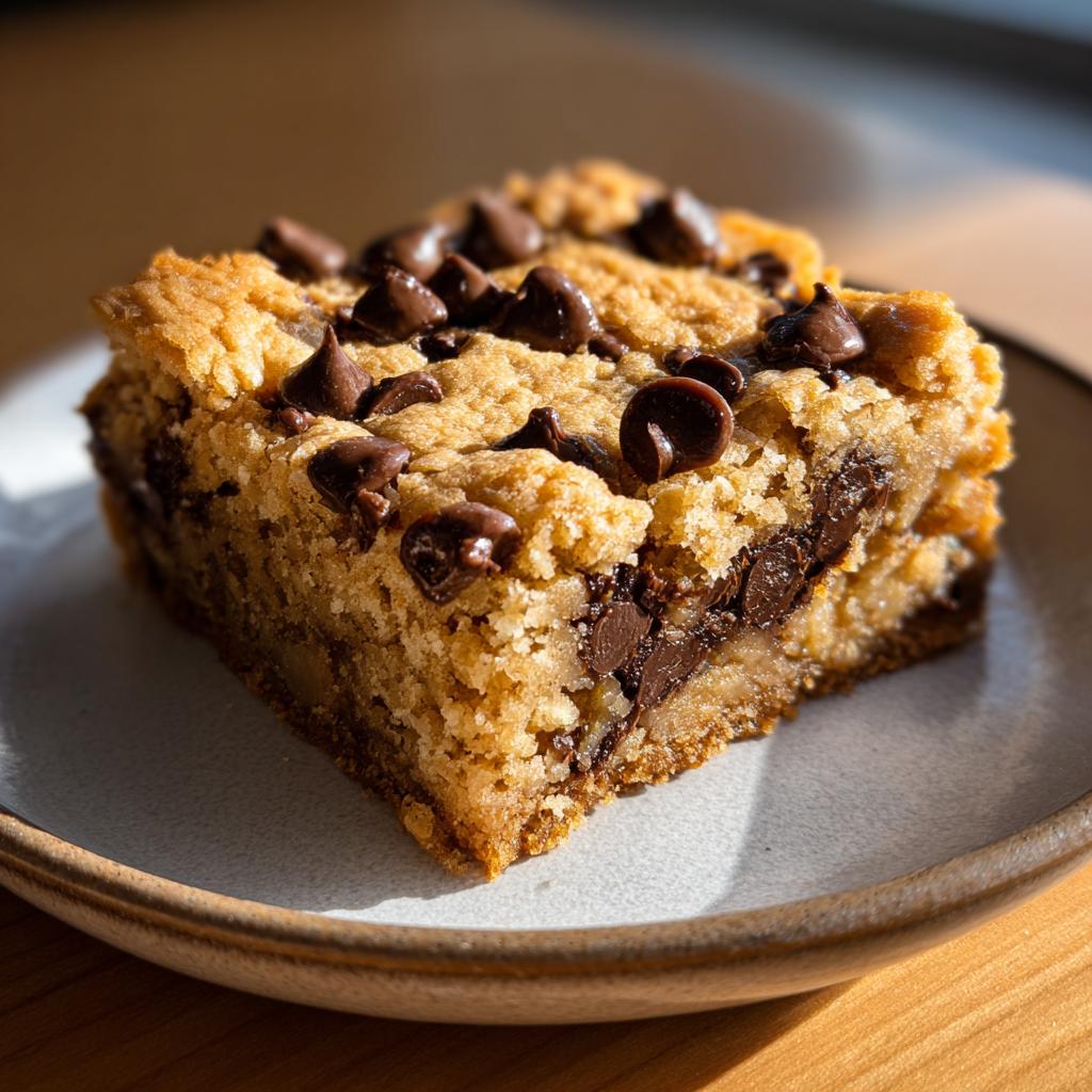 A chocolate chip cookie bar on a plate. Not related to Snoopy dog cupcakes.