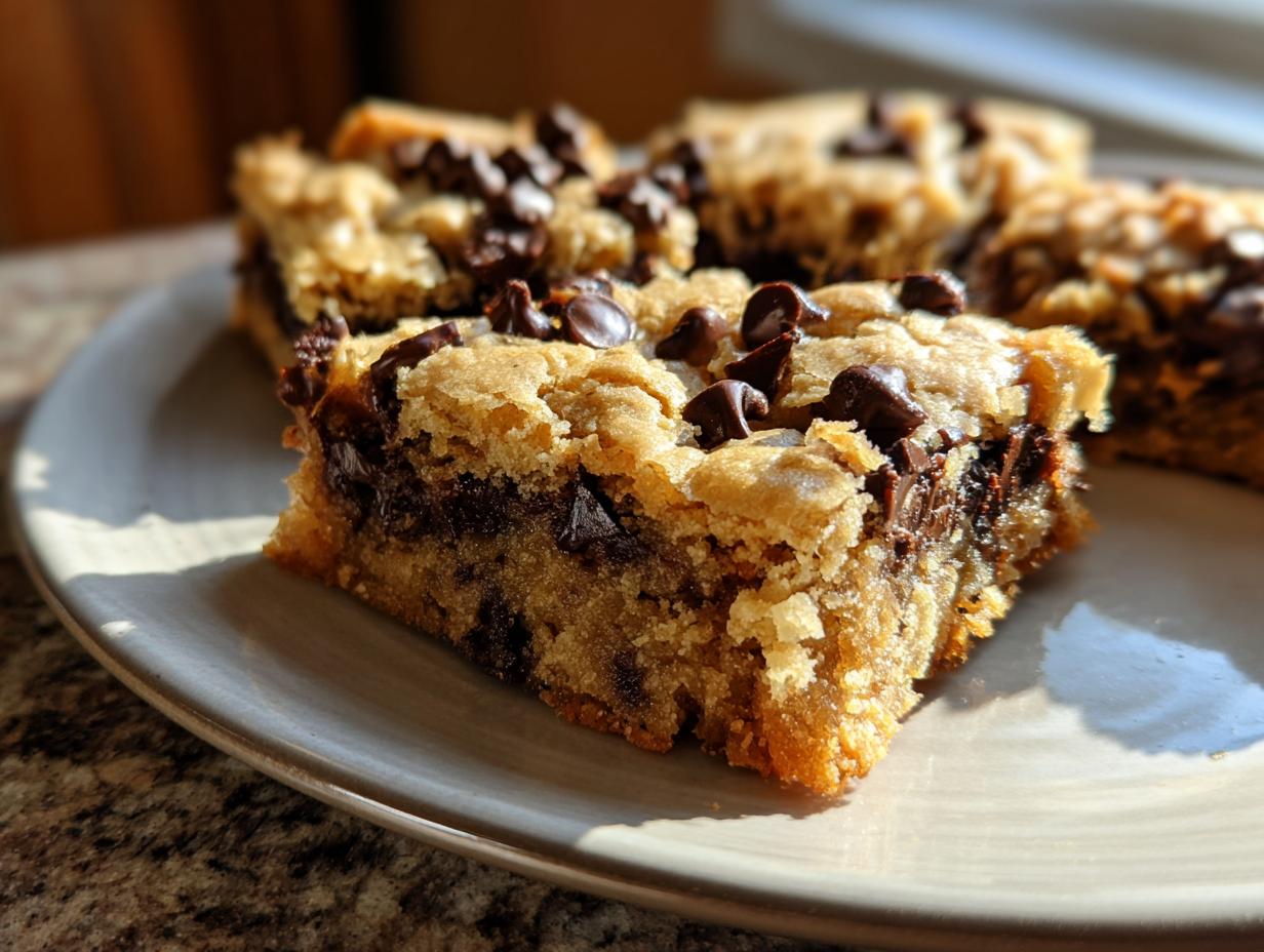 Close-up of chocolate chip cookie bars on a plate. These are not Snoopy dog cupcakes.