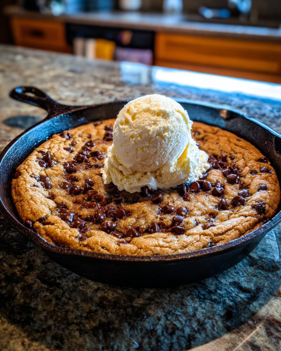 A warm chocolate chip cookie skillet topped with a scoop of vanilla ice cream. Not your typical Breakfast Ideas!