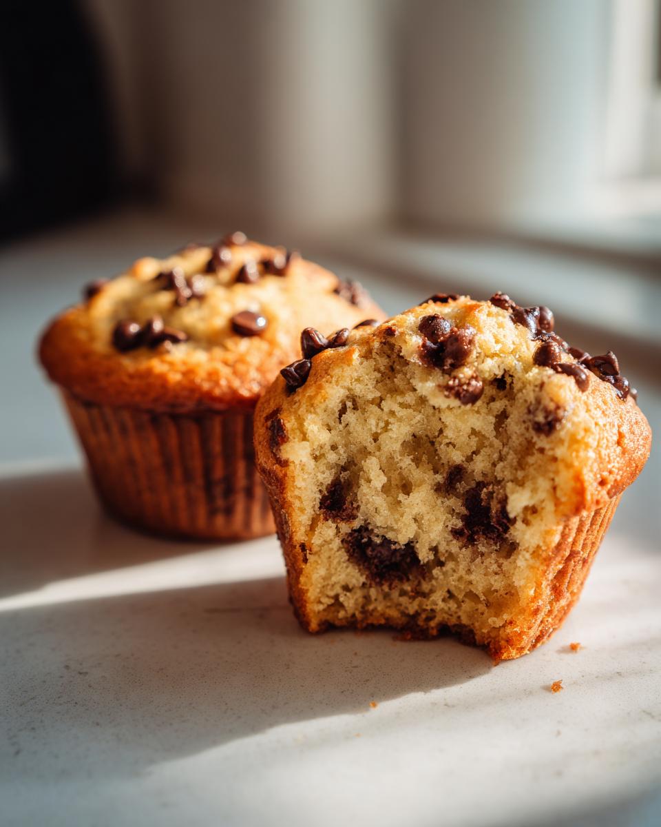 A chocolate chip muffin with a bite taken out, revealing chocolate chips inside, with another muffin in the background.