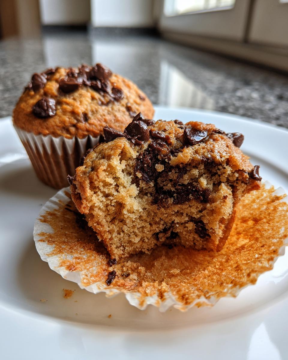 Two chocolate chip muffins on a white plate, one with a bite taken out, showing the inside texture.