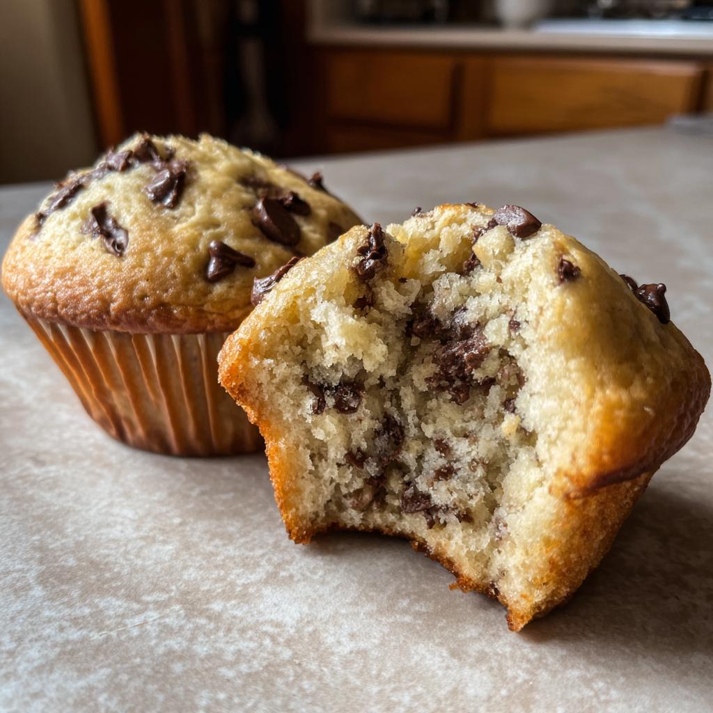 A close-up of chocolate chip muffins, one with a bite taken out, showing the soft interior and melted chocolate chips.