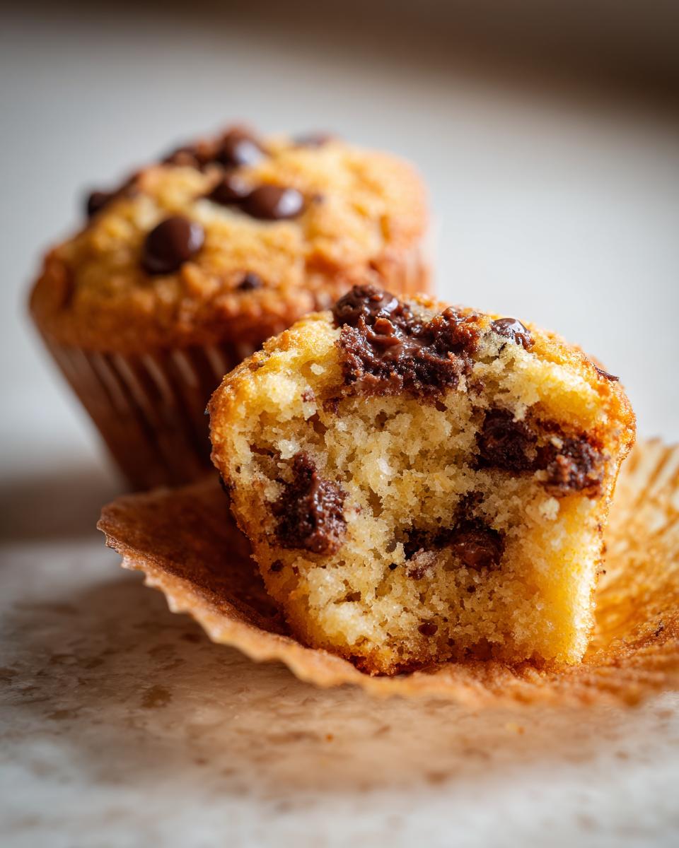 Close-up of a chocolate chip muffin, cut open to show the soft interior and melted chocolate.