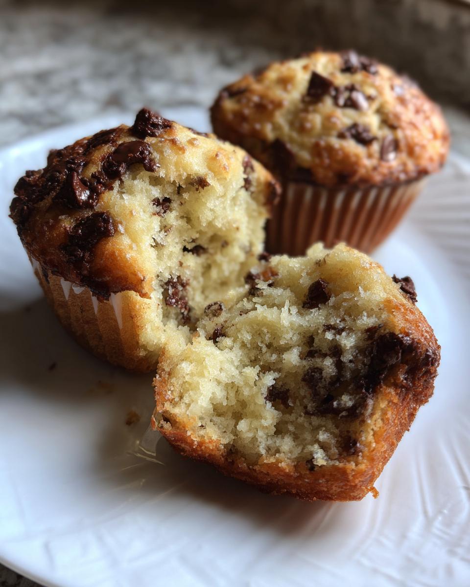 Two chocolate chip muffins, one broken open, on a white plate. Part of Easter brunch ideas.