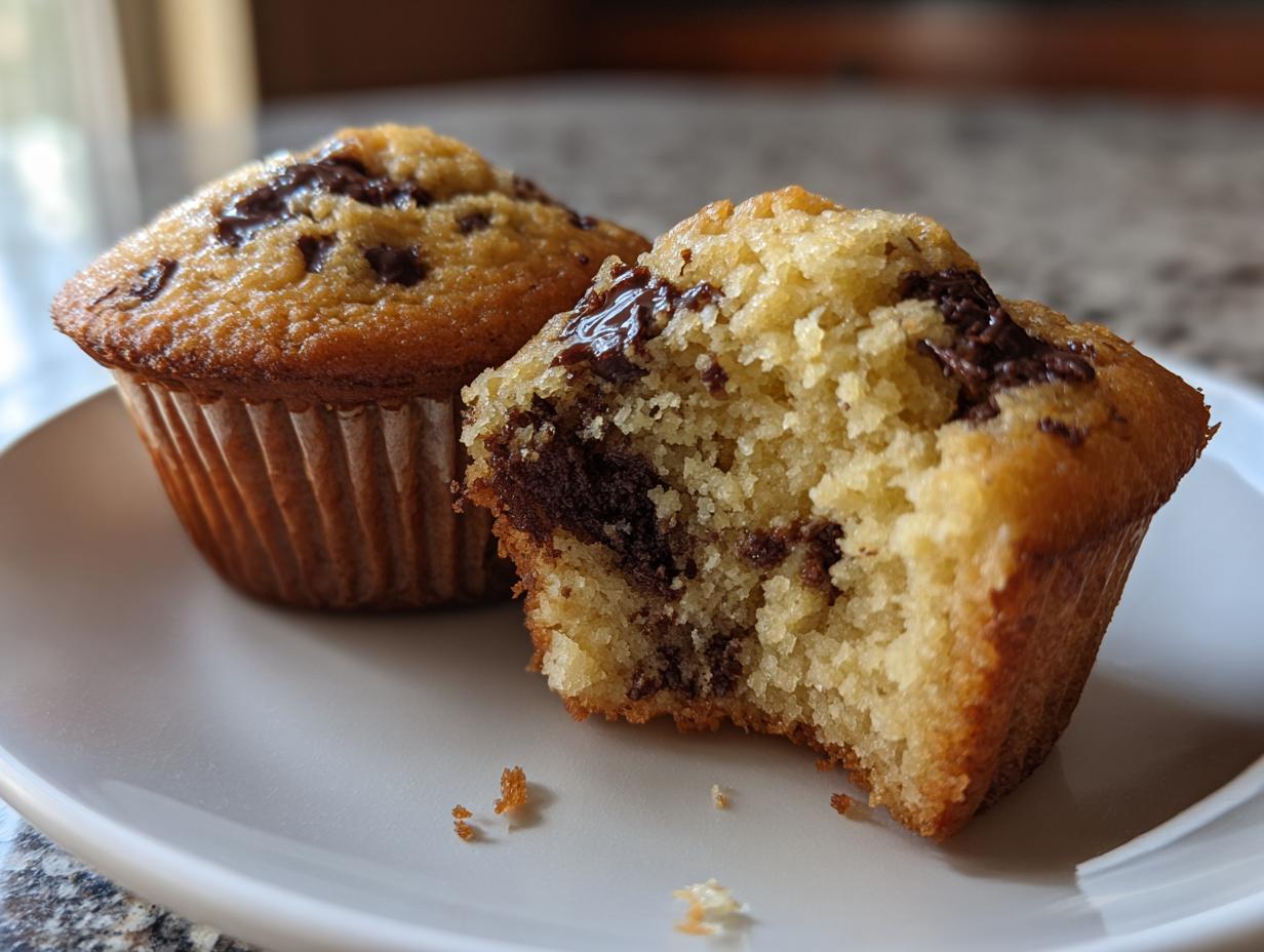 Two chocolate chip muffins on a plate, one with a bite taken out, perfect for Easter brunch ideas.