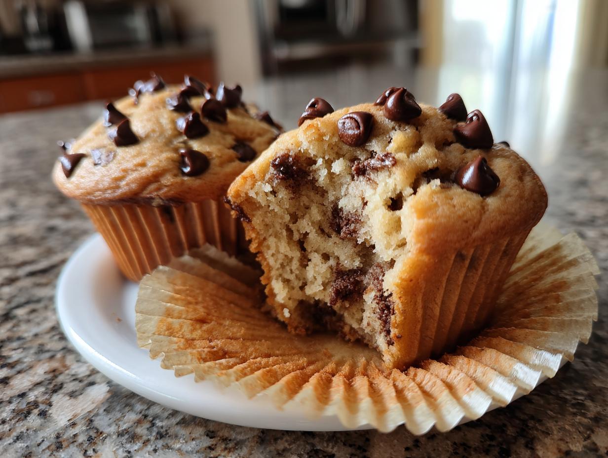 Two chocolate chip muffins on a white plate, one with a bite taken out to show the inside.