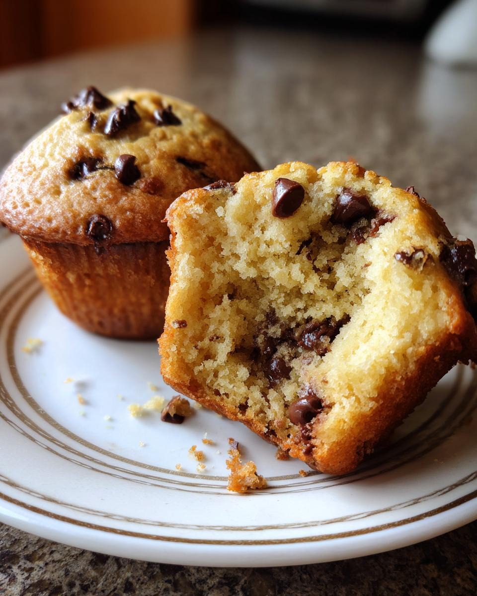 Two chocolate chip muffins on a plate, one split open to show the inside texture and chocolate chips.