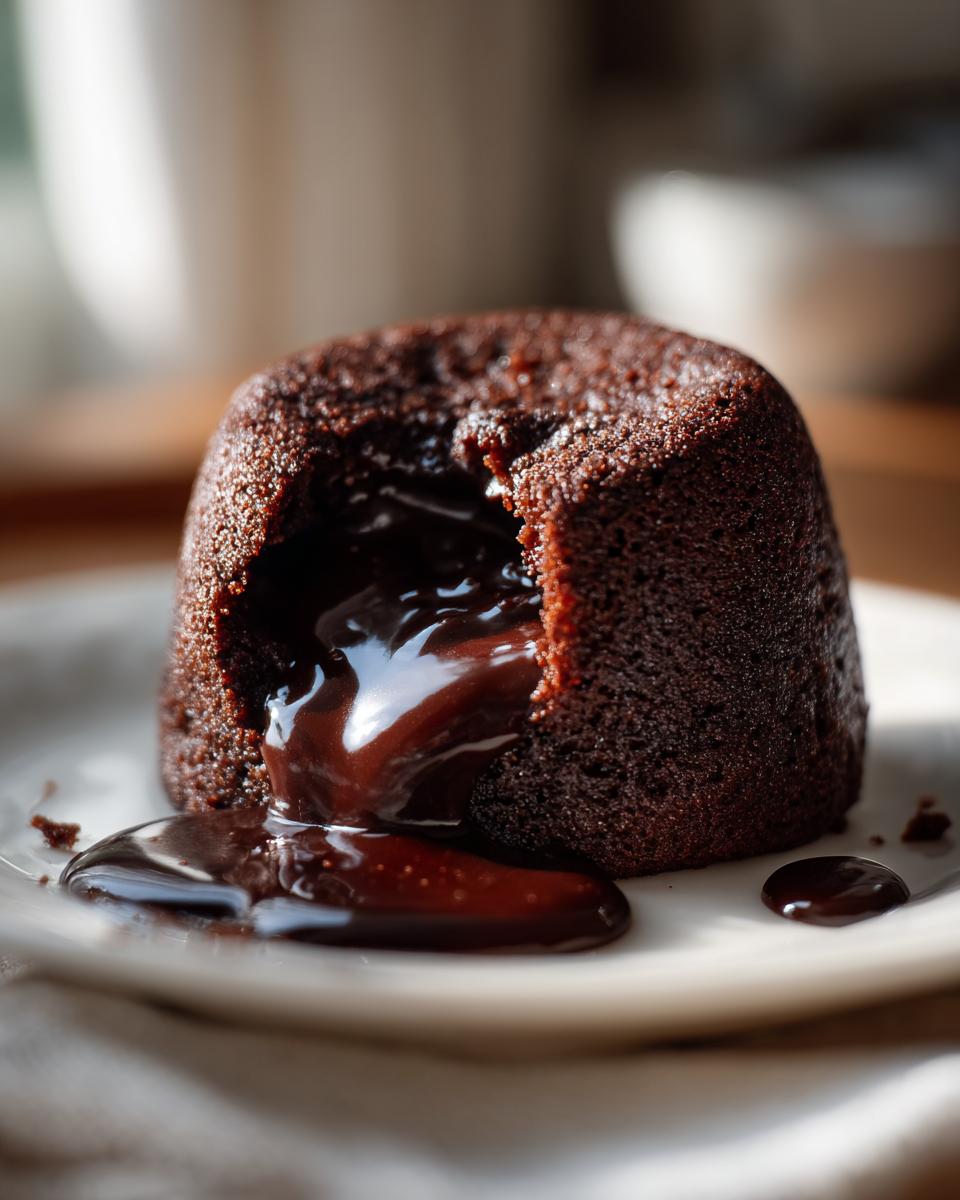 Delicious molten chocolate lava cake, a perfect Valentine’s Day Desserts, with oozing chocolate center on a white plate.