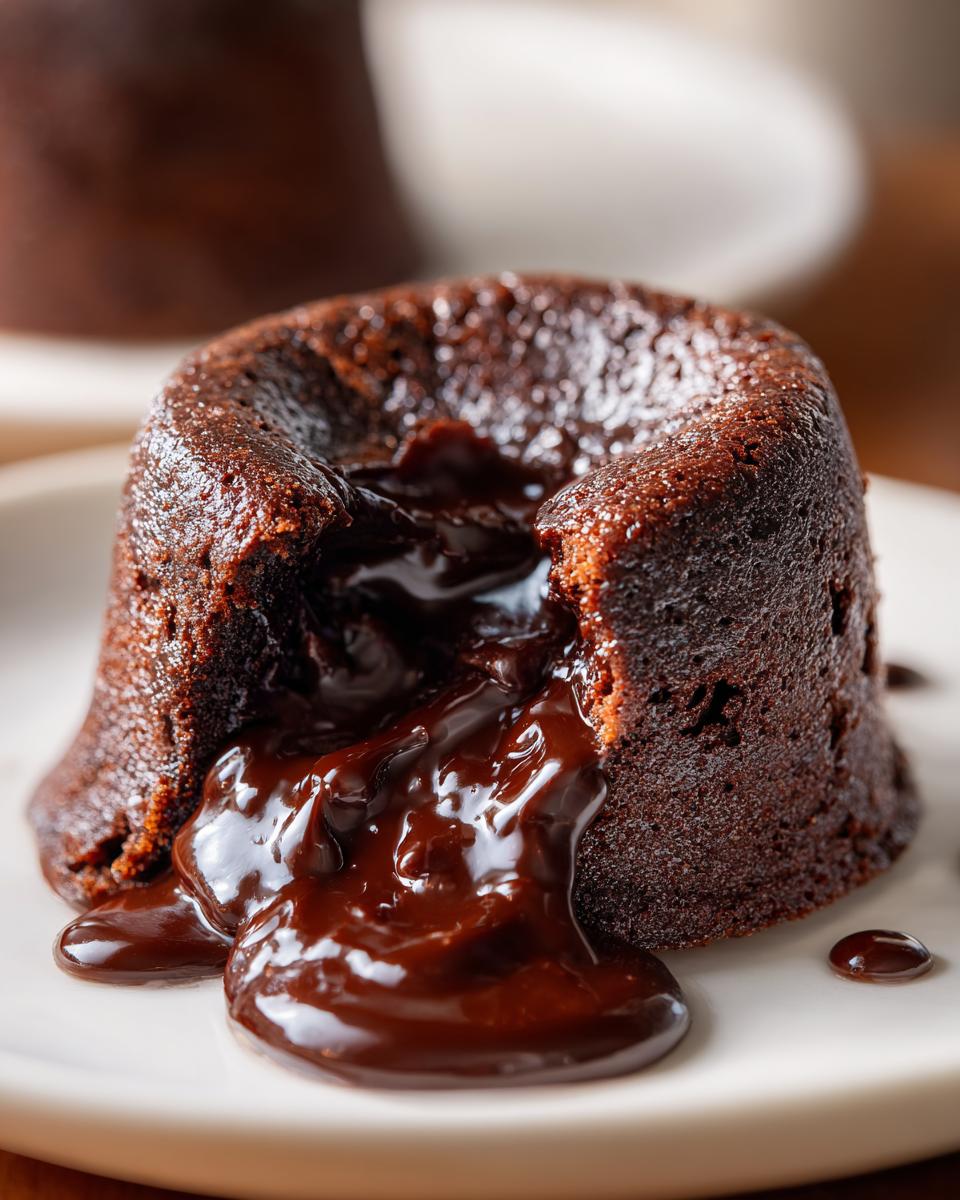 Close-up of a decadent molten chocolate lava cake, a perfect Valentine’s Day Desserts, with chocolate oozing out.