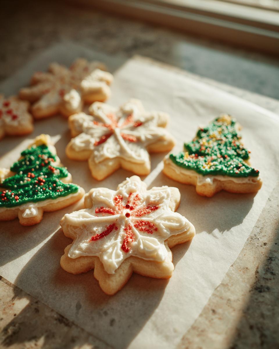 Assortment of decorated Christmas cookie recipes, including snowflake and Christmas tree shapes, on parchment paper.