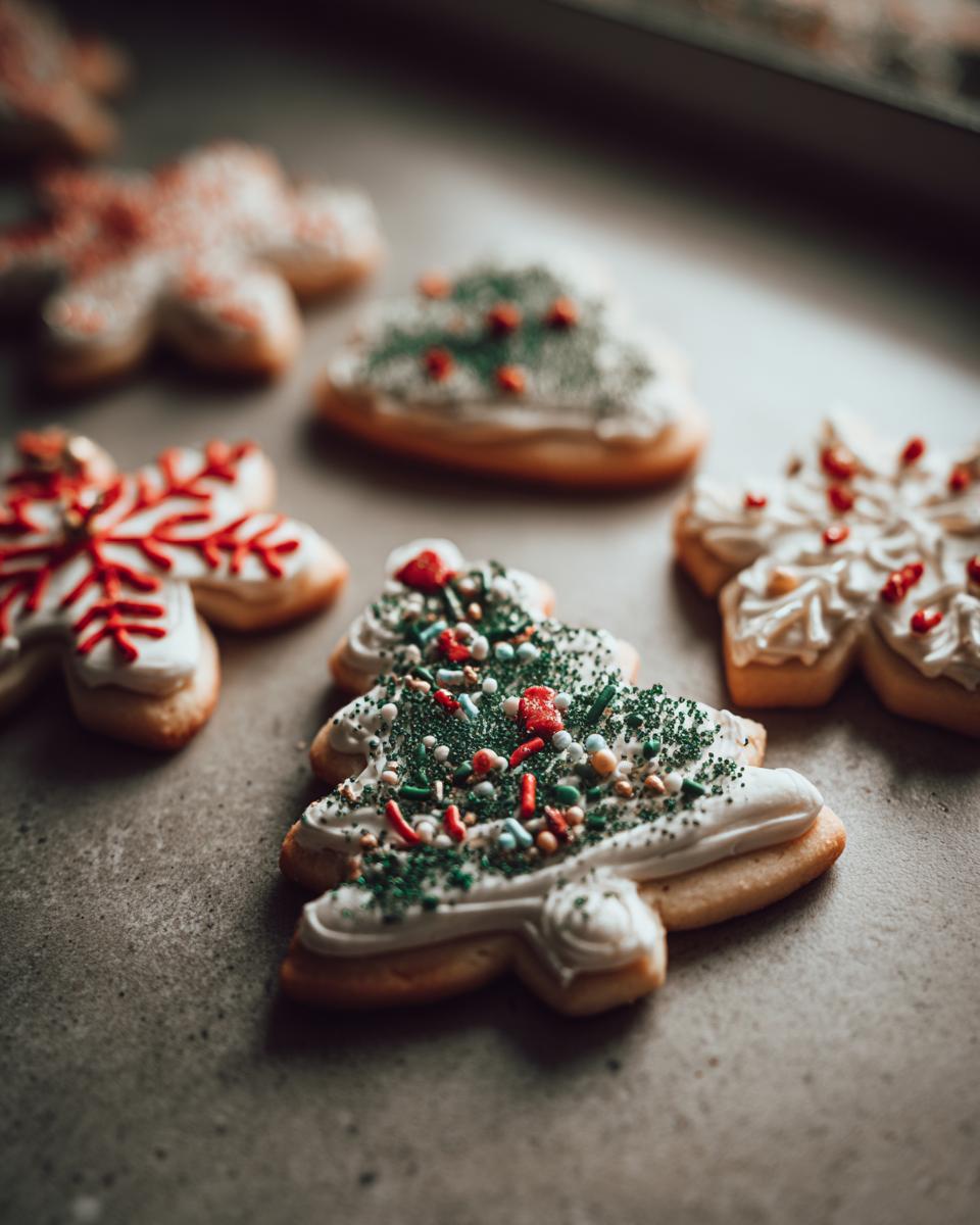 Close-up of decorated Christmas cookie recipes, including a Christmas tree and snowflake shape with icing and sprinkles.