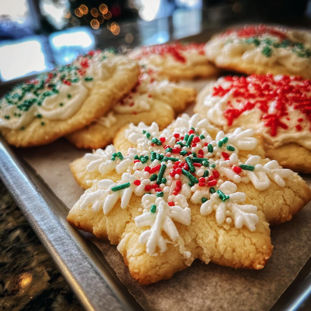 Close-up of snowflake and round Christmas cookie recipes decorated with frosting and red and green sprinkles on a baking sheet.