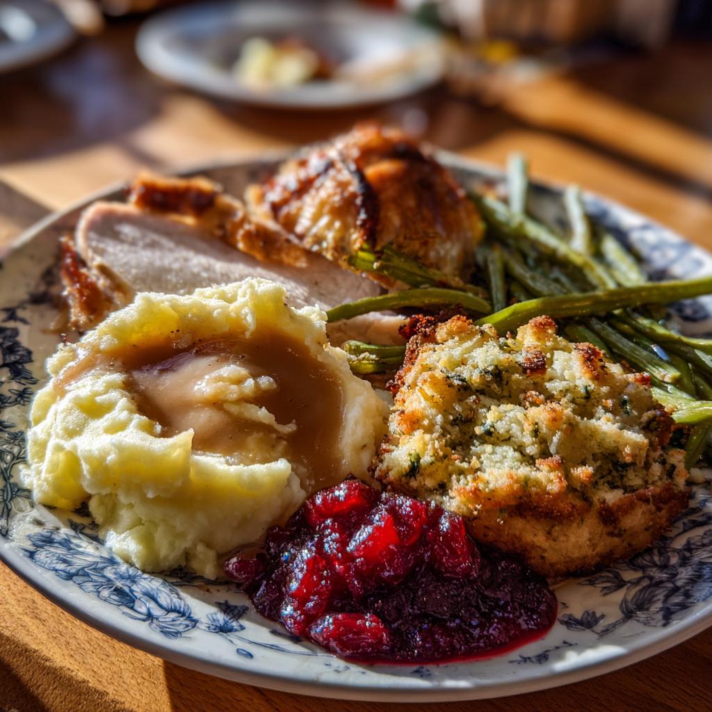 A plate of classic Christmas dinner menu items: turkey, mashed potatoes, stuffing, cranberry sauce, and green beans.