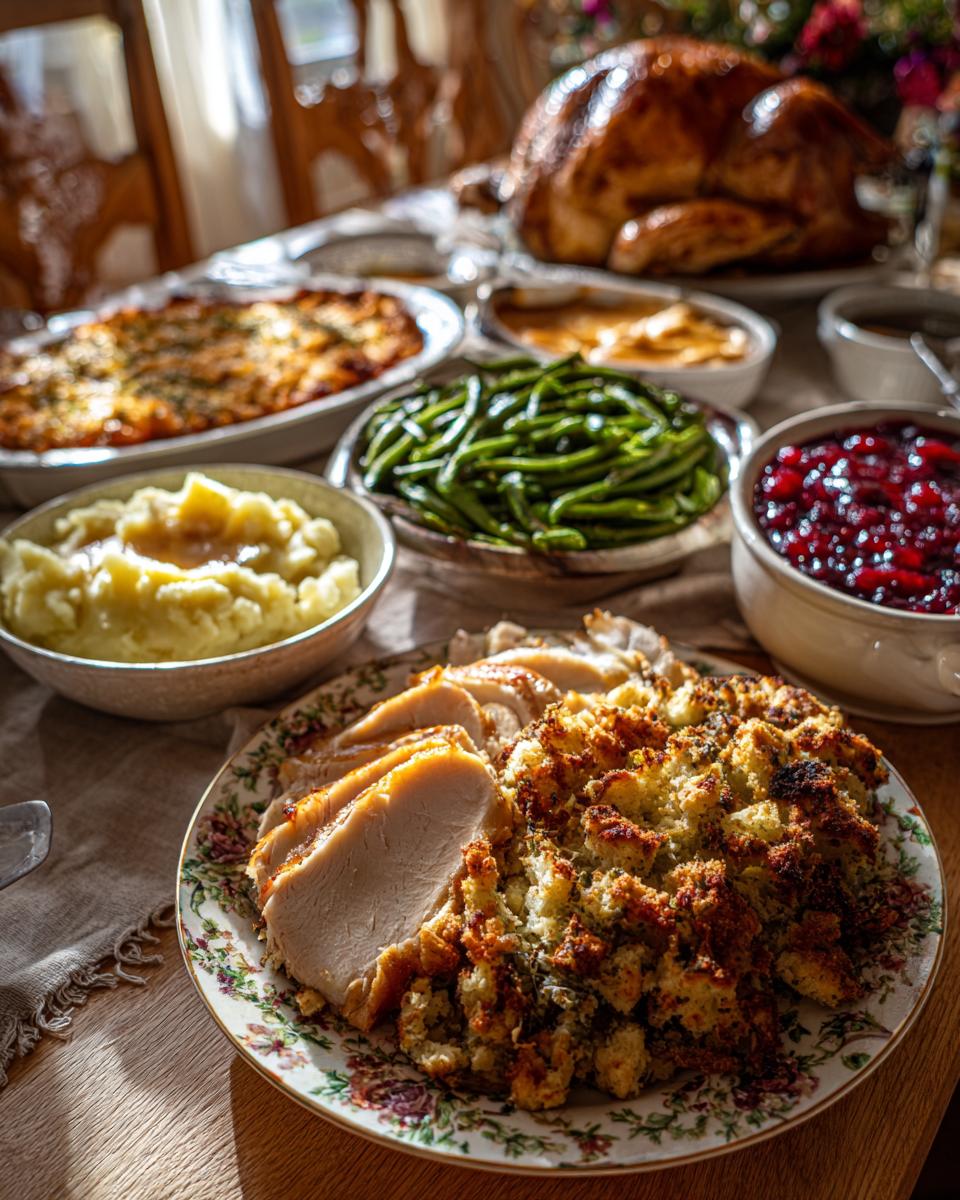Overhead shot of a Christmas dinner menu spread with turkey, stuffing, mashed potatoes, and cranberry sauce.