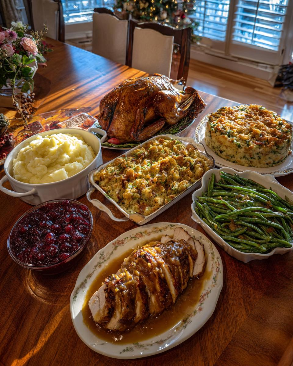 Overhead shot of a complete Christmas dinner menu featuring turkey, mashed potatoes, stuffing, cranberry sauce, and green beans.