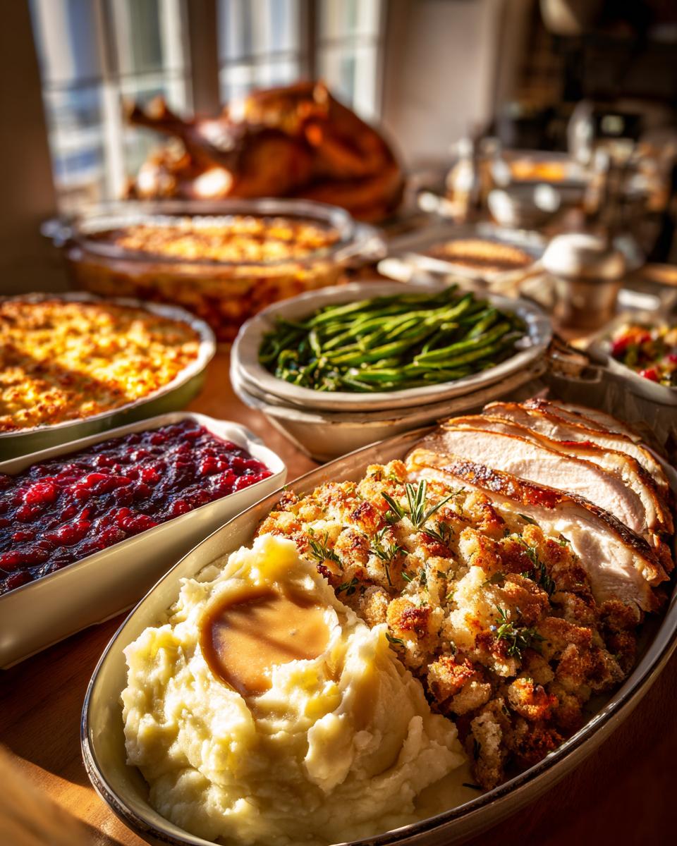 A fully set Christmas dinner menu featuring turkey, mashed potatoes, stuffing, cranberry sauce, and green beans.