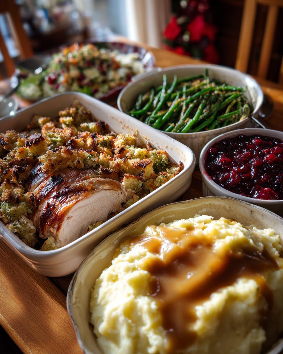Overhead shot of a Christmas dinner menu featuring turkey with stuffing, mashed potatoes with gravy, green beans, and cranberry sauce.