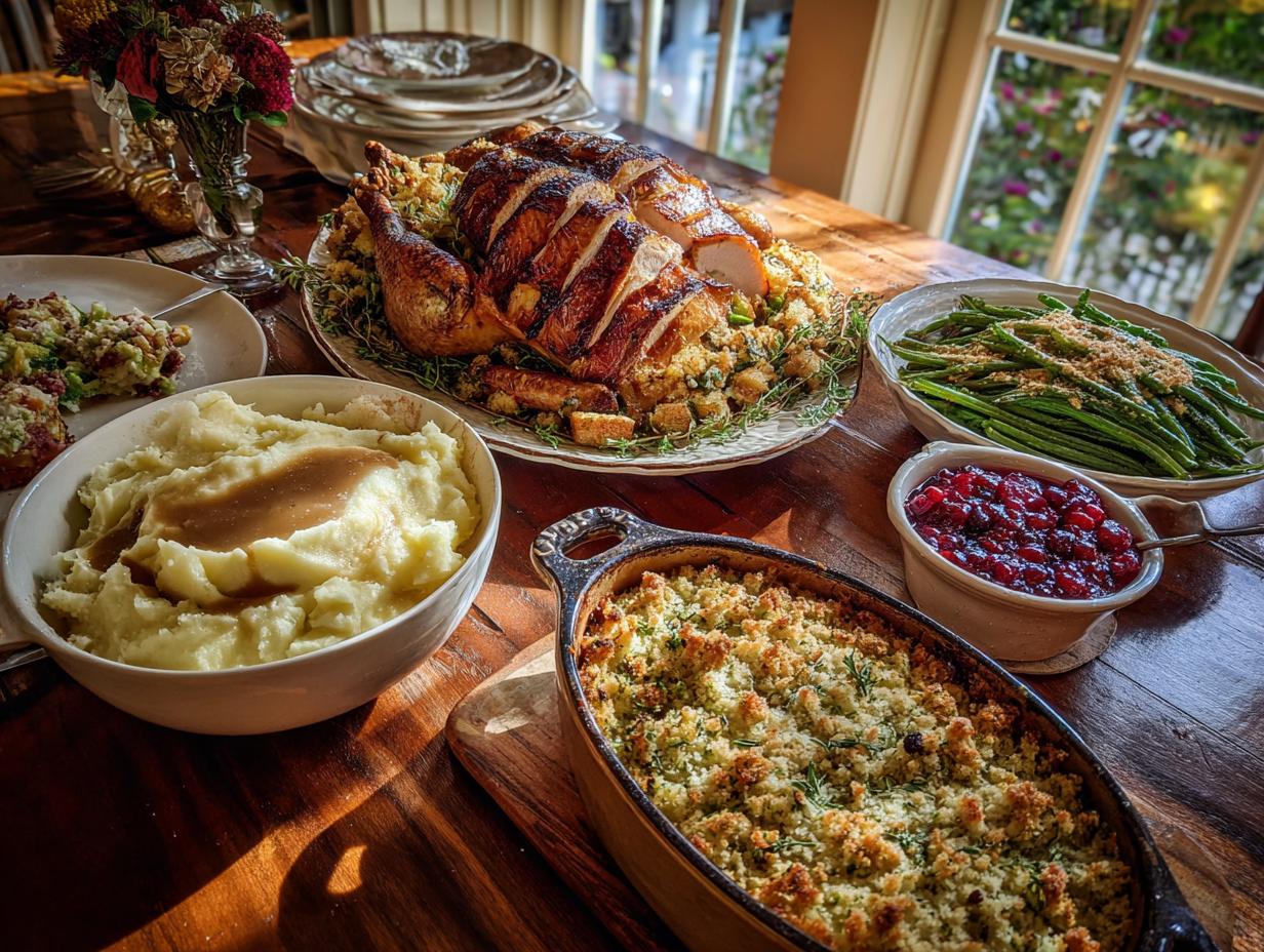 A complete Christmas dinner menu featuring a sliced turkey, mashed potatoes, green beans, cranberry sauce, and stuffing.