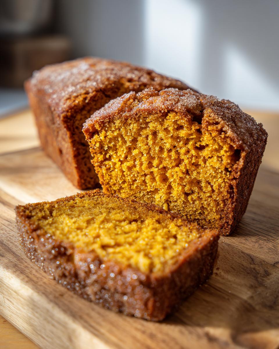 A loaf of cinnamon sugar pumpkin bread, with a slice cut, sits on a wooden board.