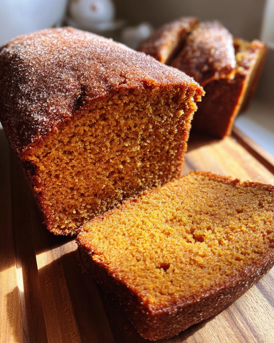 A close-up of cinnamon sugar pumpkin bread loaf with a slice cut, showing the texture and sugar topping.