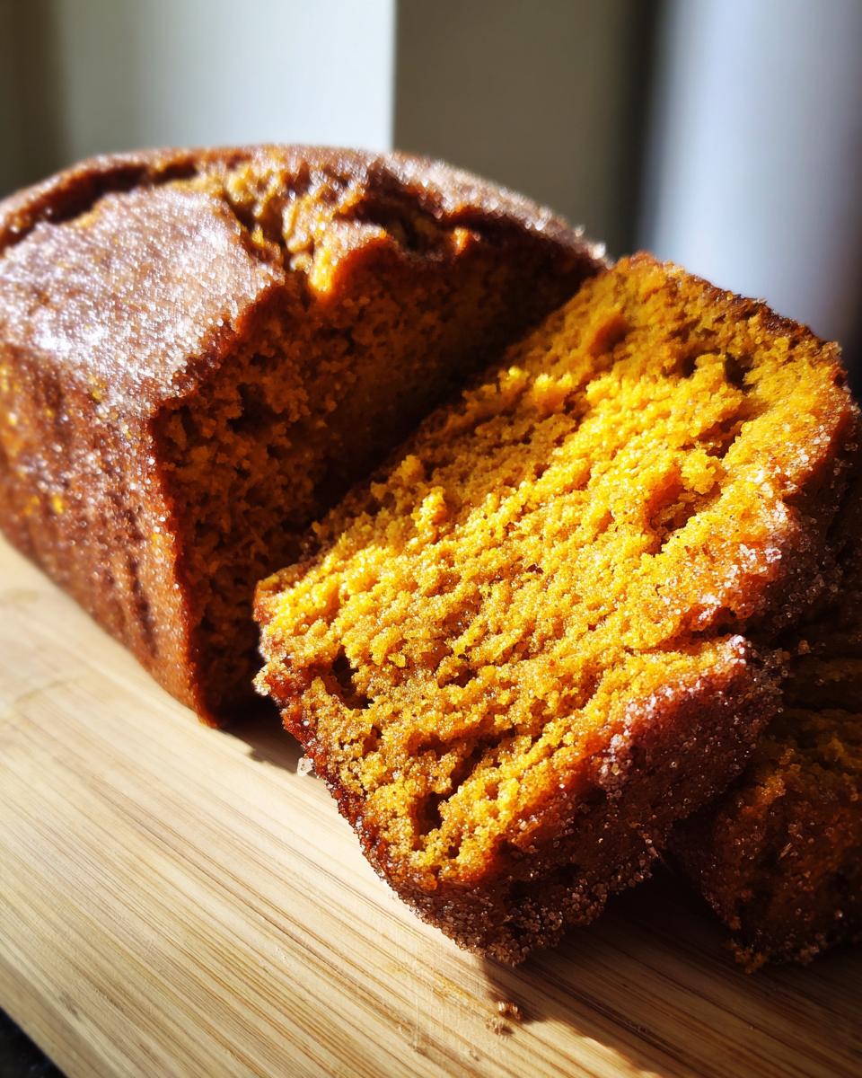 A sliced loaf of cinnamon sugar pumpkin bread, showcasing its moist texture and sugary crust.