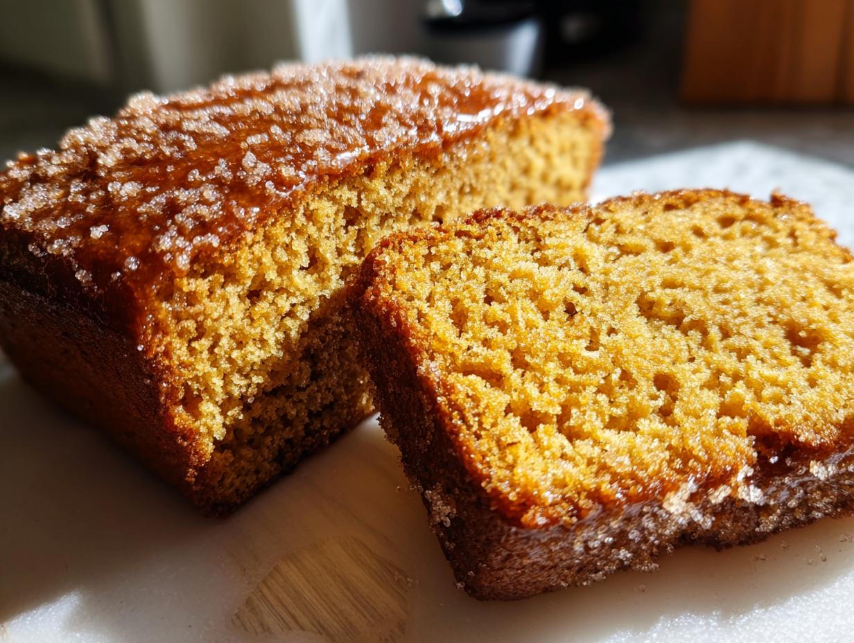 A loaf of cinnamon sugar pumpkin bread with a slice cut, showing the texture and sugary topping.
