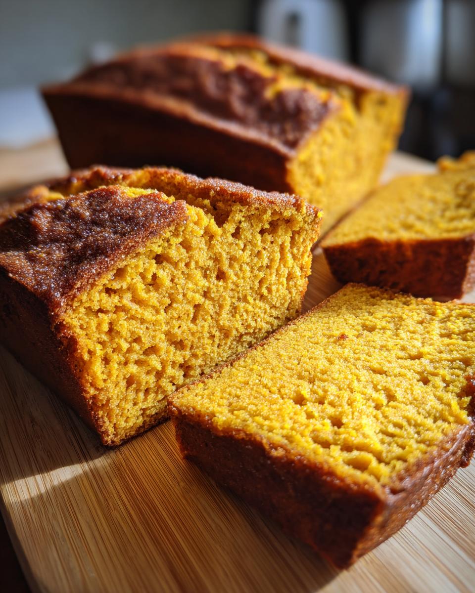 Slices of cinnamon sugar pumpkin bread on a wooden board, showcasing the bread's texture and golden-brown crust.