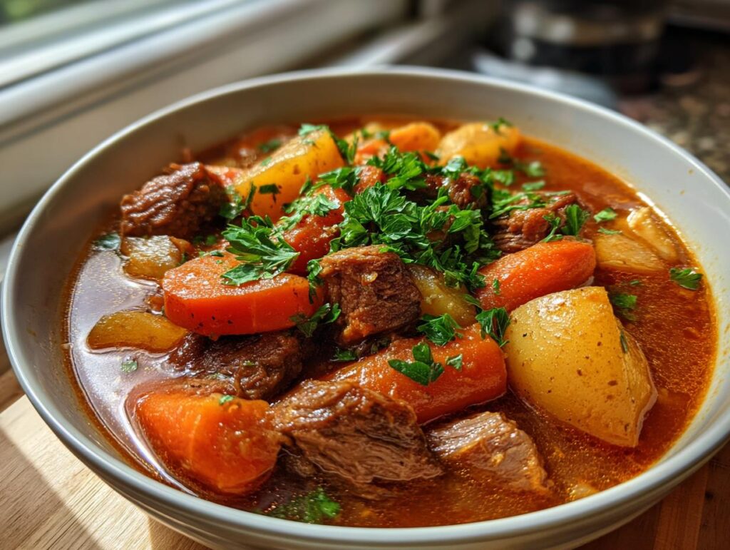 A hearty bowl of beef stew, a cozy fall crockpot recipe, with beef, carrots, potatoes, and parsley.