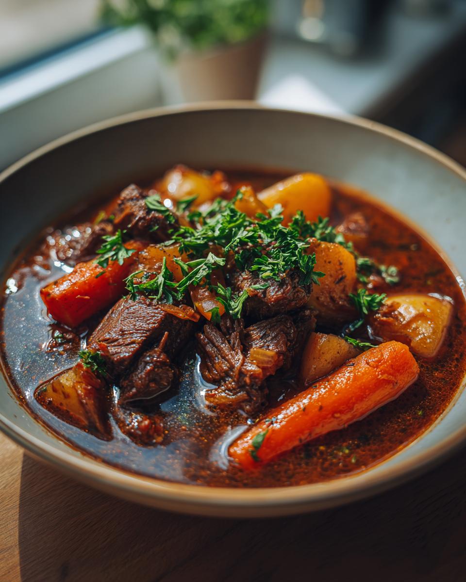 Hearty beef stew with carrots, potatoes, and parsley, a perfect example of cozy fall crockpot recipes.