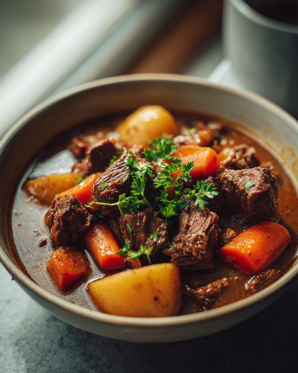 A bowl of cozy fall crockpot recipe stew with beef, carrots, and potatoes, garnished with parsley.