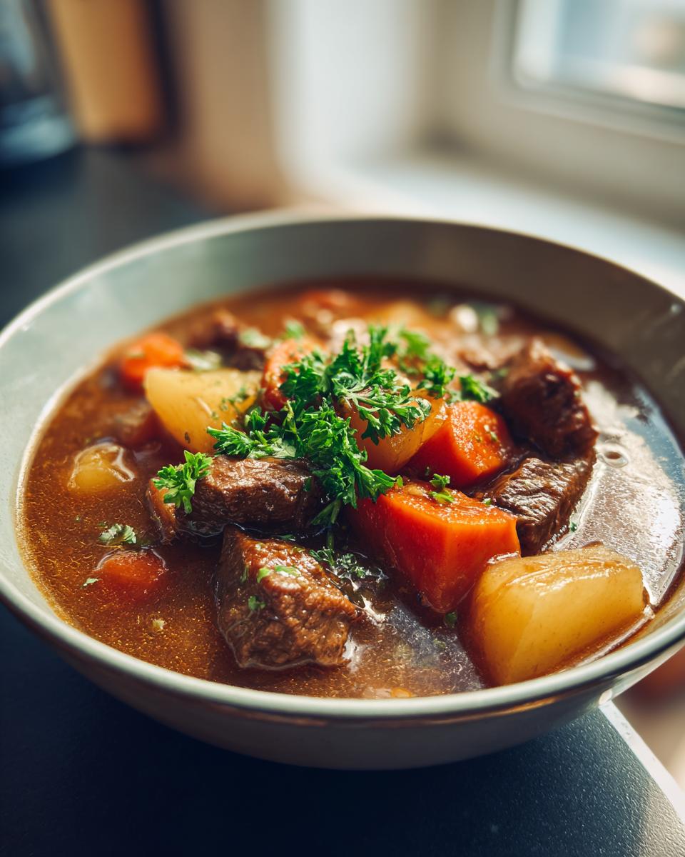 A bowl of beef stew, a perfect example of cozy fall crockpot recipes, featuring beef, carrots, potatoes, and parsley.