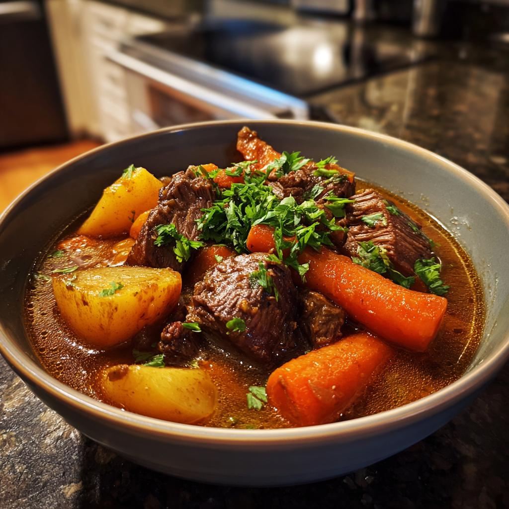 Bowl of hearty beef stew, a cozy fall crockpot recipes, with beef, carrots, potatoes, and parsley.