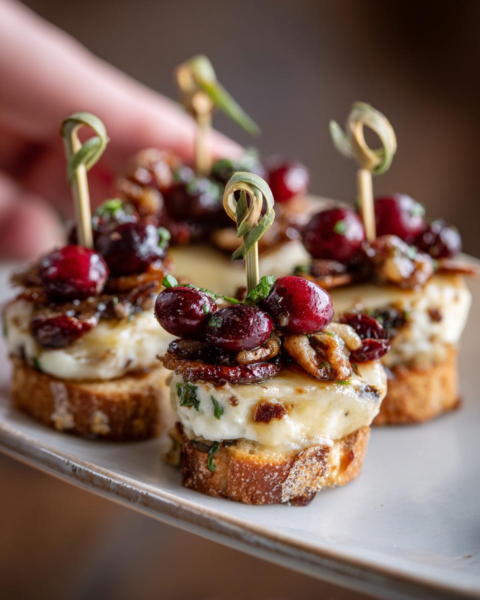 Close-up of cranberry brie bites, delicious holiday appetizer recipes with toasted bread and wooden skewers.