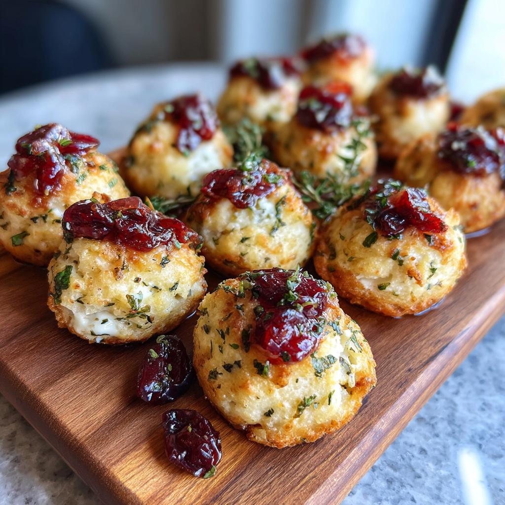 A wooden board filled with cheese bites topped with cranberry sauce, perfect for holiday appetizer recipes.