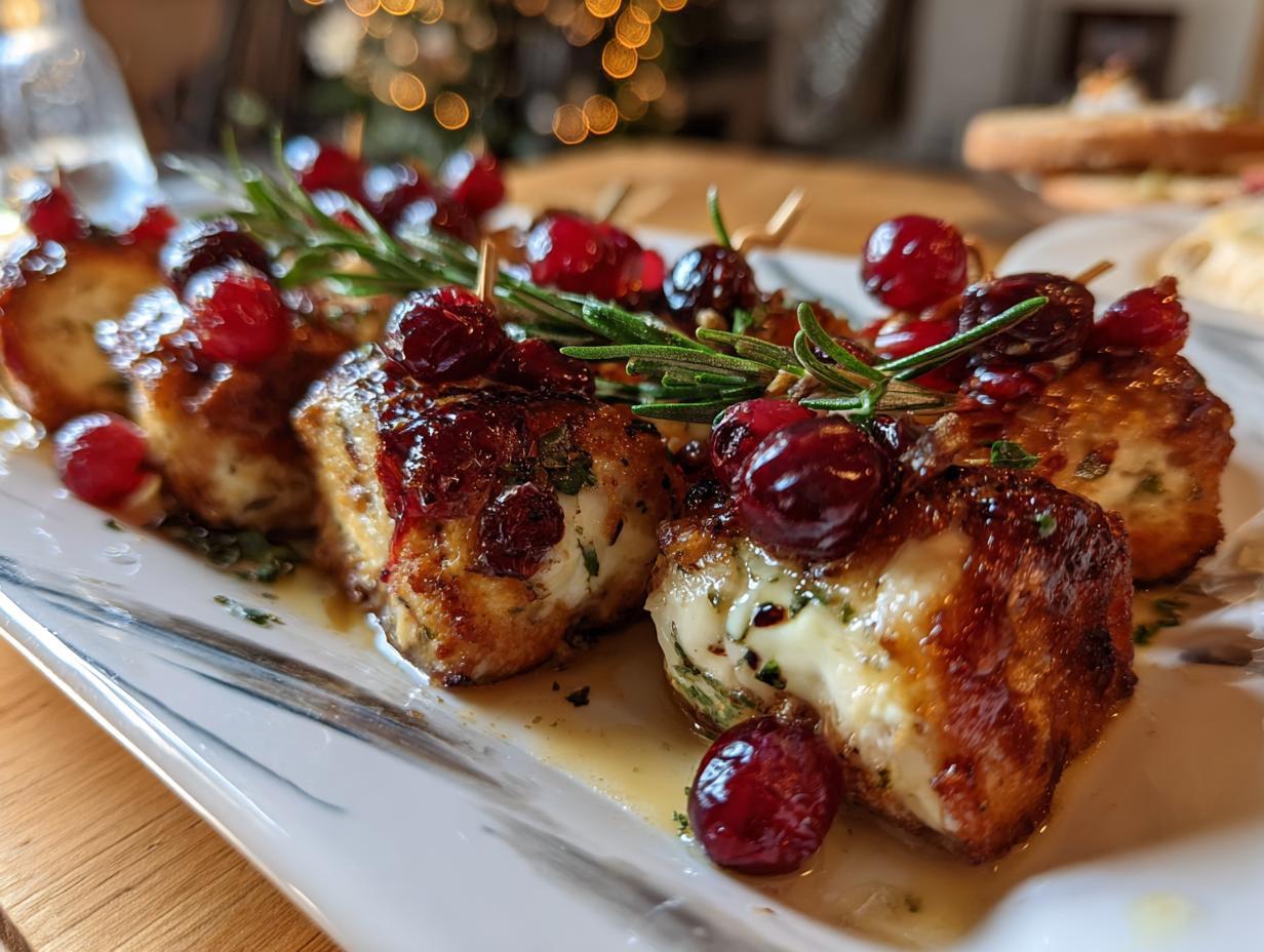 Close-up of cranberry and cheese bites, a delicious option for holiday appetizer recipes, garnished with rosemary.