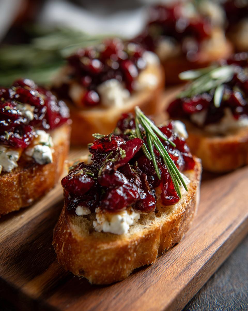 Cranberry crostini, a delicious holiday appetizer recipe with goat cheese and rosemary garnish.