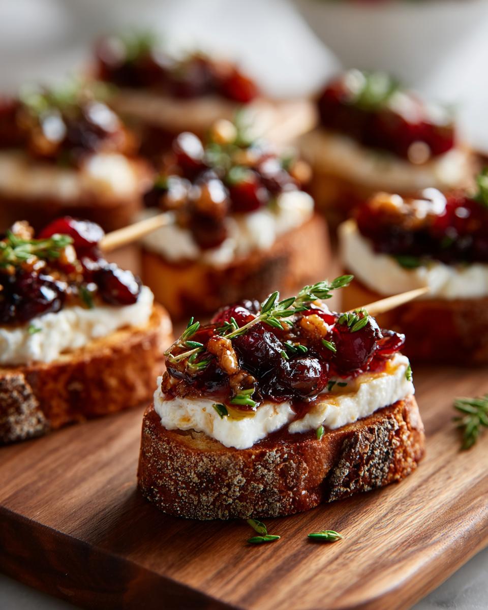 Cranberry crostini, a delicious and festive option for holiday appetizer recipes. Topped with goat cheese and walnuts.