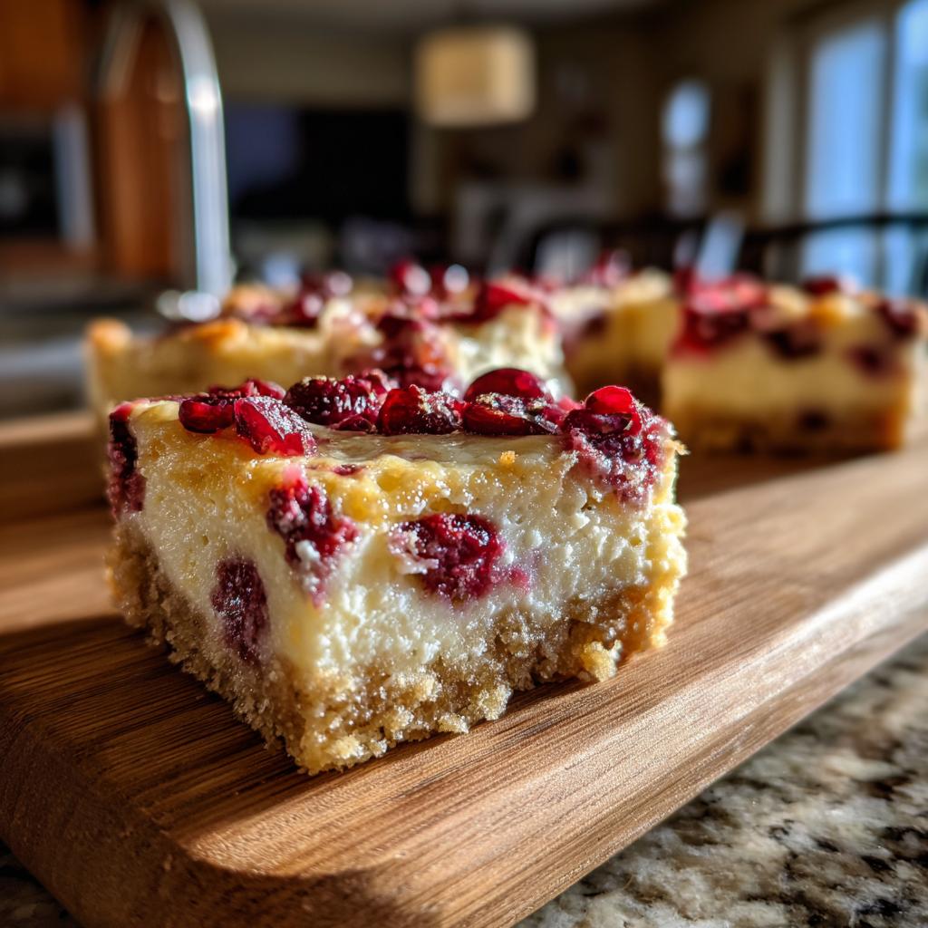 Close-up of Cranberry Orange Cheesecake Bars on a wooden board, showing the crust, cheesecake filling, and cranberry topping.
