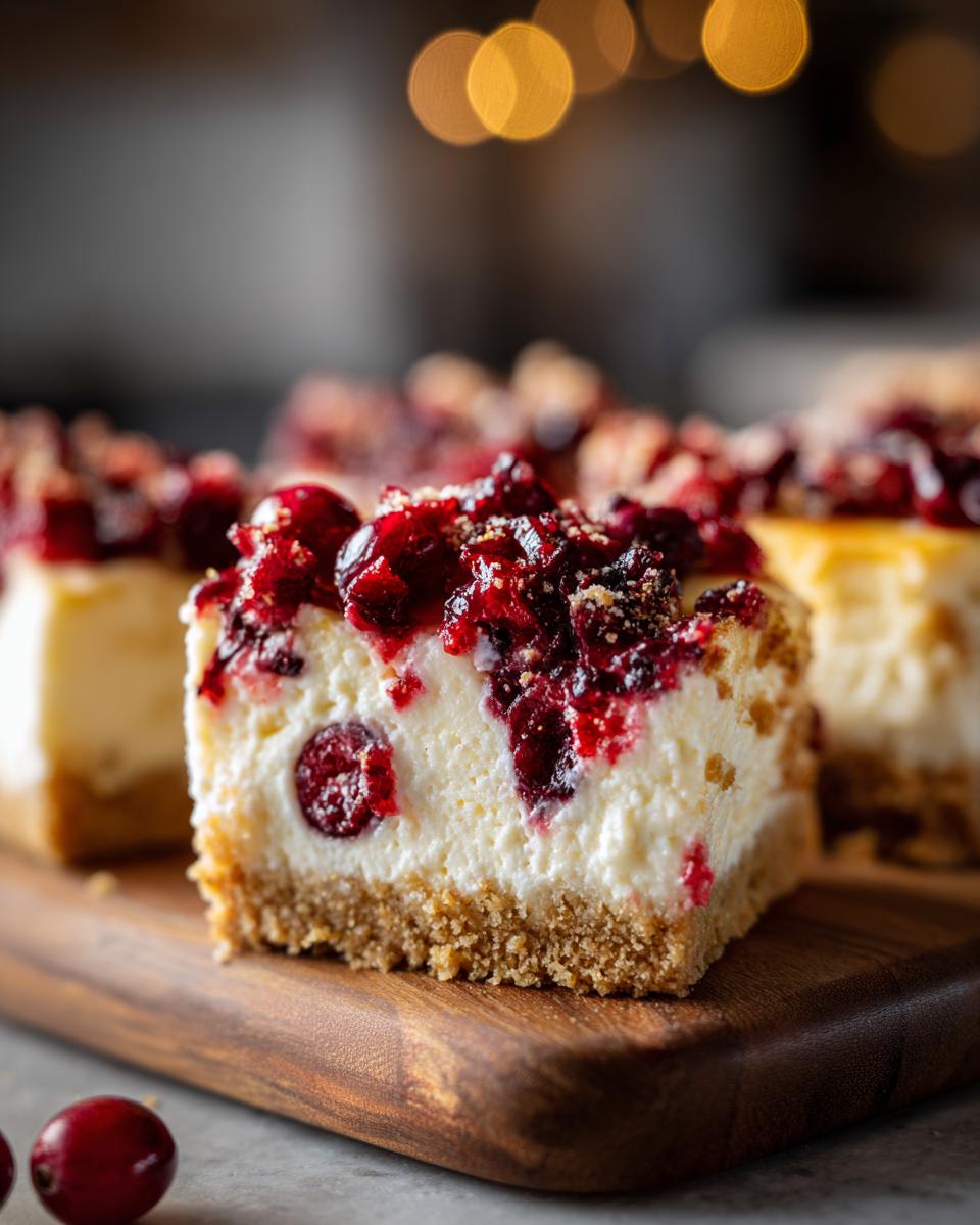Close-up of Cranberry Orange Cheesecake Bars on a wooden board, showing the crust, cheesecake filling, and cranberry topping.