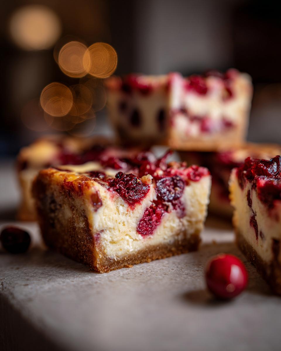 Close-up of cranberry orange cheesecake bars with a graham cracker crust and cranberry topping.