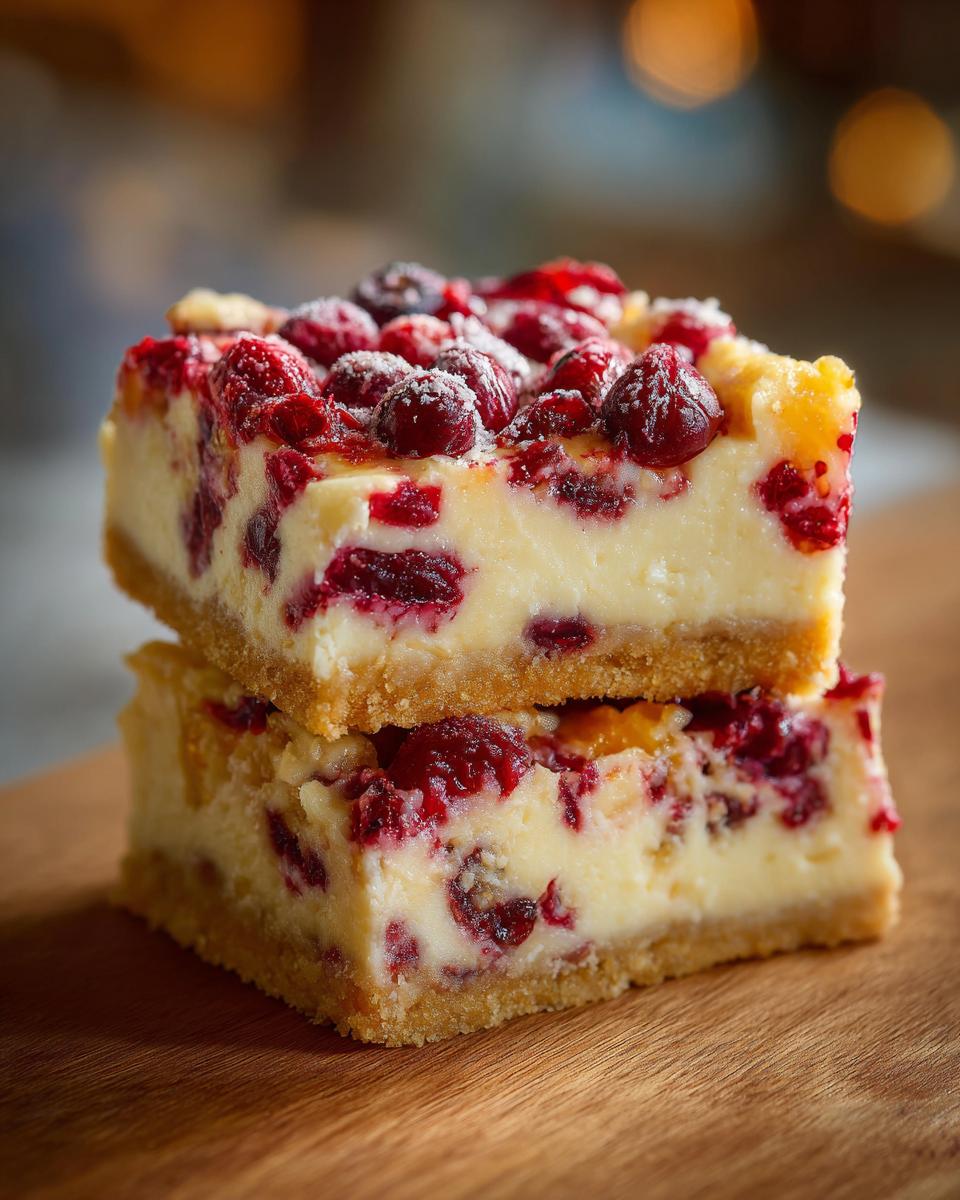 Two Cranberry Orange Cheesecake Bars stacked on a wooden surface, showcasing the crust, cheesecake filling, and cranberry topping.