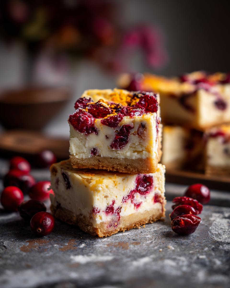 Two Cranberry Orange Cheesecake Bars stacked, surrounded by cranberries, showing the crust, cheesecake filling, and cranberry topping.
