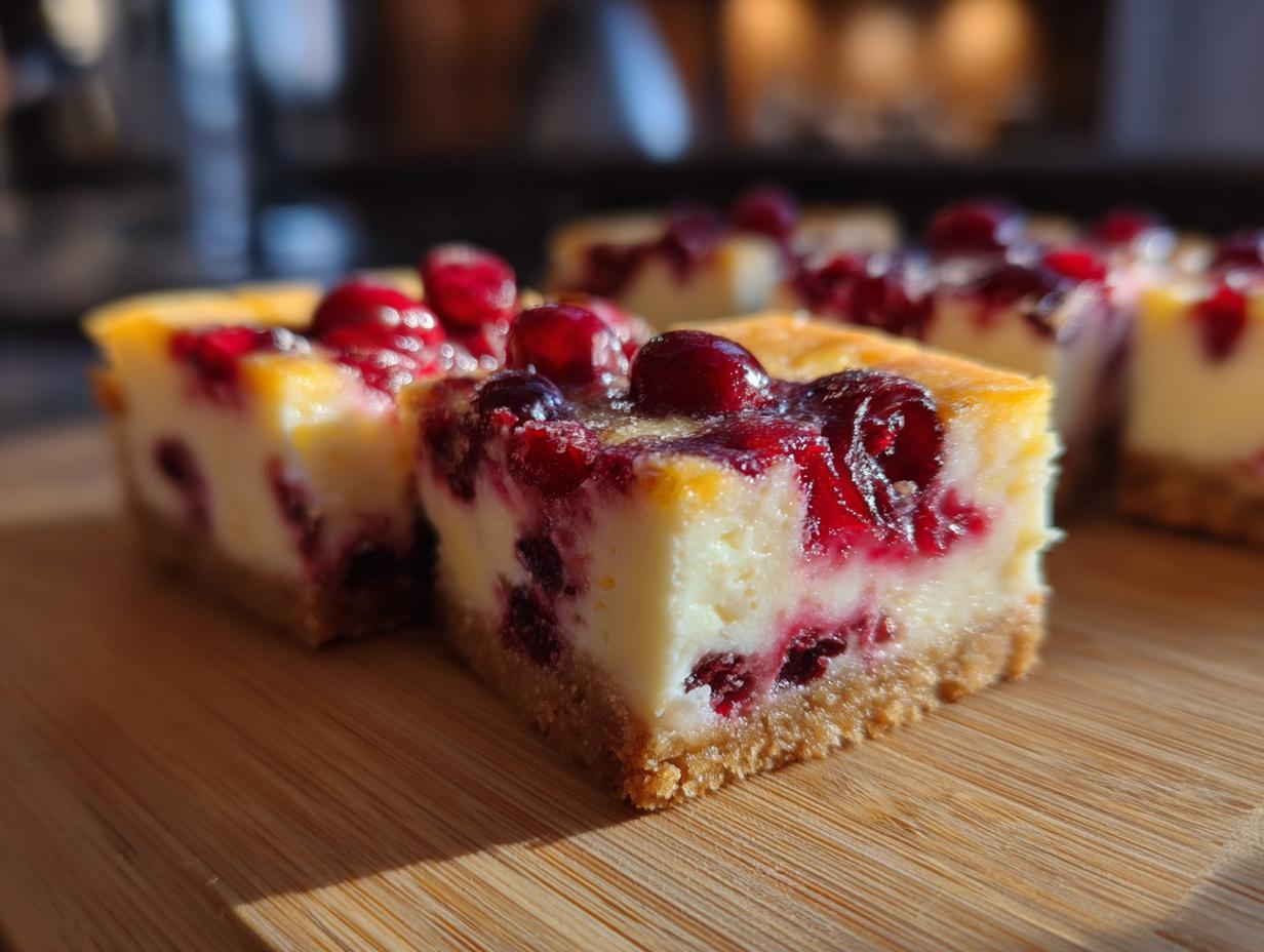 Close-up of Cranberry Orange Cheesecake Bars with a graham cracker crust, creamy filling, and cranberry topping.
