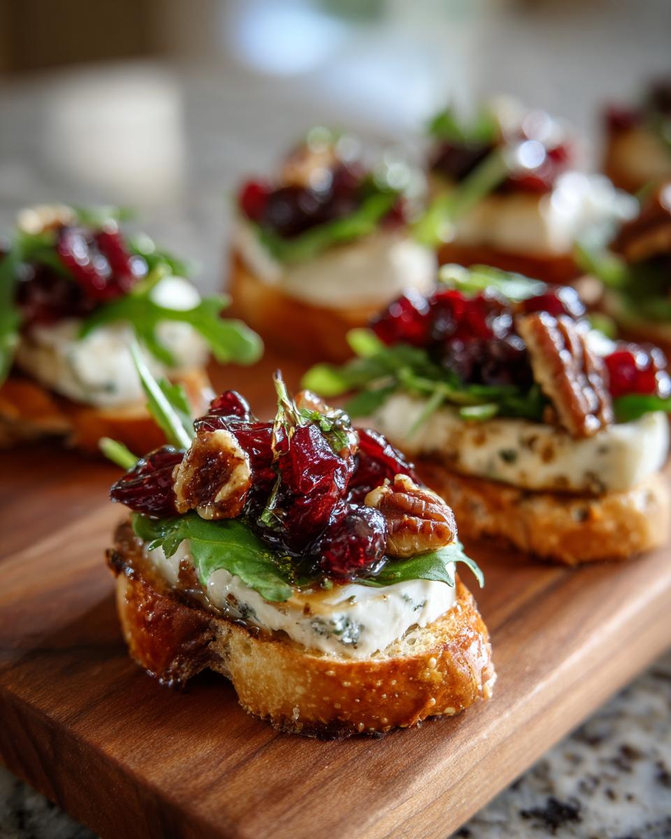 Close-up of cranberry and pecan crostini, a delicious example of holiday appetizer recipes.