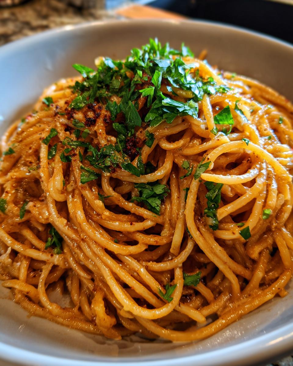 Close-up of creamy pasta dishes in a bowl, garnished with fresh herbs and spices.