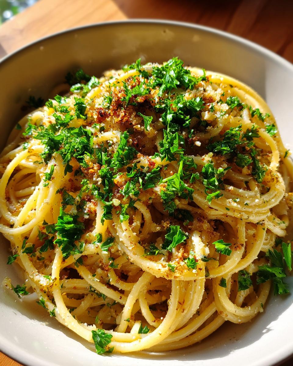 Bowl of creamy pasta dishes topped with fresh parsley and breadcrumbs, ready to eat.